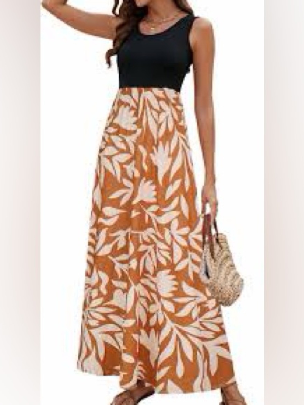 Sleeveless Black & Rust Floral Maxi Dress